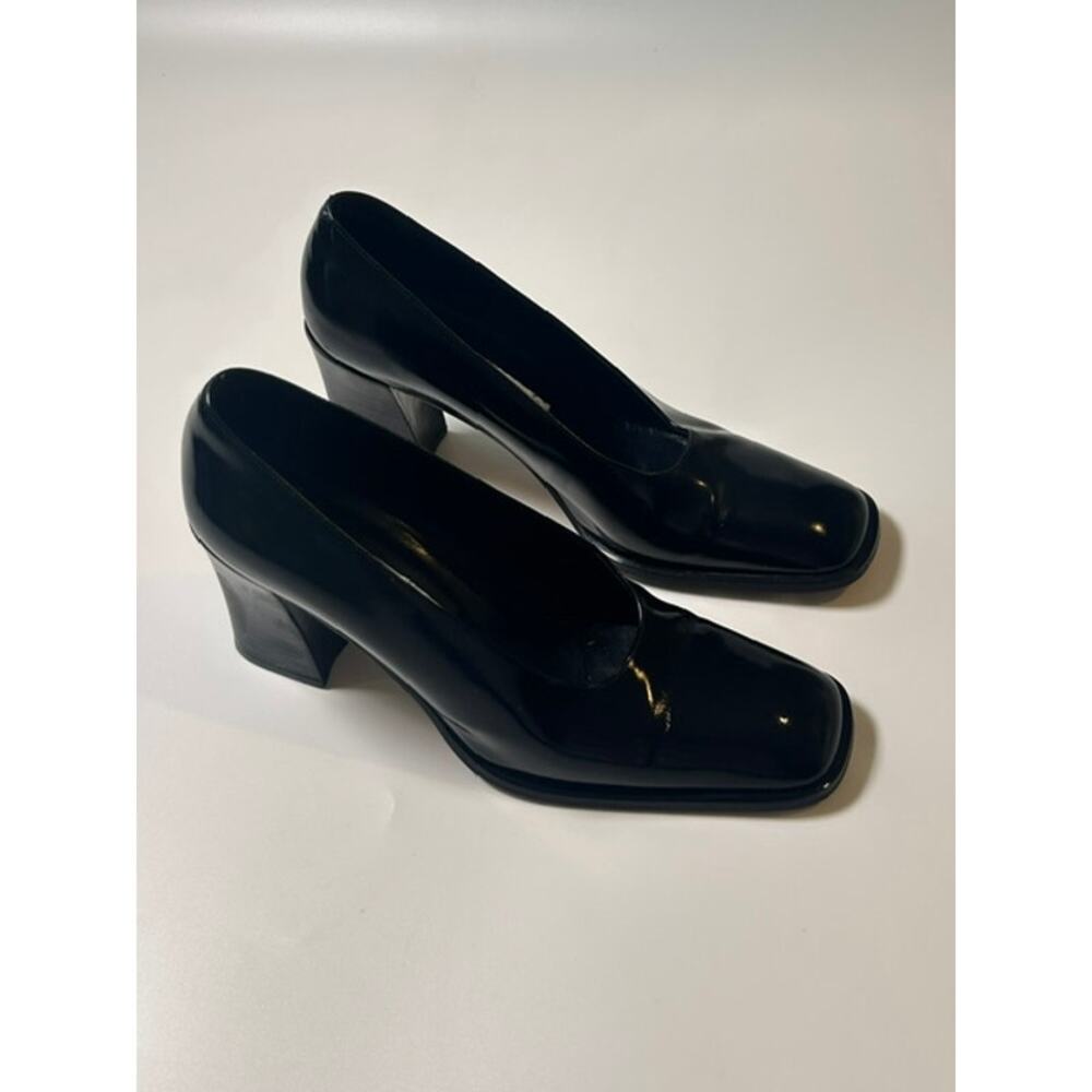 Vintage Via Spiga Black Patent Leather Square Toe Block Heel Pumps Size 7 Italy